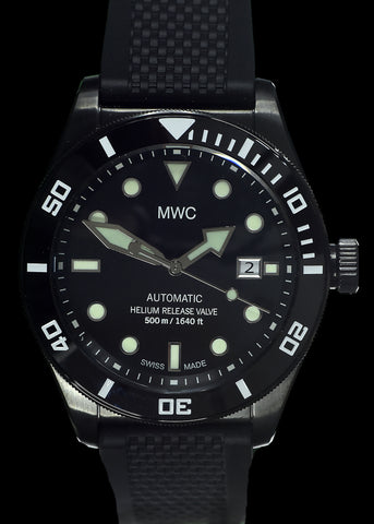 MWC Swiss Made 500m (1640ft) Water Resistant Automatic Divers Watch in Black PVD Stainless Steel With Sapphire Crystal, Ceramic Bezel and Helium Valve