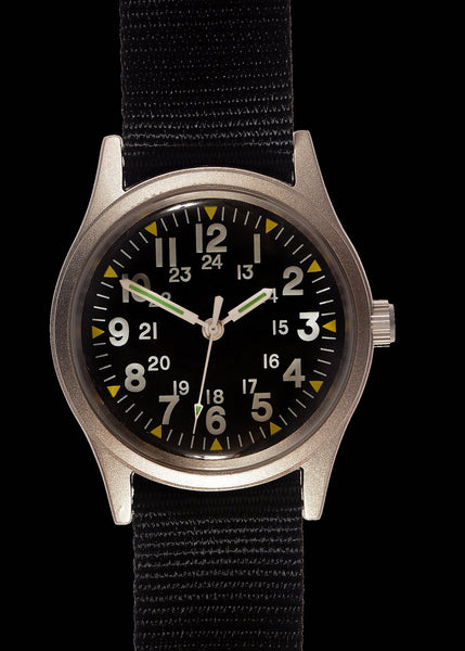 MWC Classic 1970s Pattern MIL-W-46374 Pattern Military Watch on a Black Military Webbing Strap