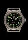 MWC G10 100m Water resistant Military Watch in a Stainless Steel Case with Sandblasted Finish, Screw Down Crown and Ten Year Battery Life