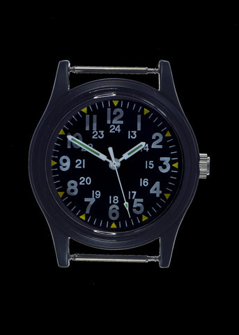 MWC Classic 1960s/70s Pattern Matt Black Vietnam Watch on Matching Webbing Strap